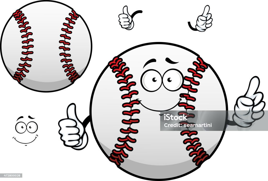 Cartoon baseball ball with thumb up Happy cartoon white baseball ball character with raised red stitches showing thumb up gesture for sporting mascot or tournament design Baseball - Ball stock vector
