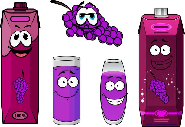 Vector illustration of Smiling grape and juice packs cartoon characters