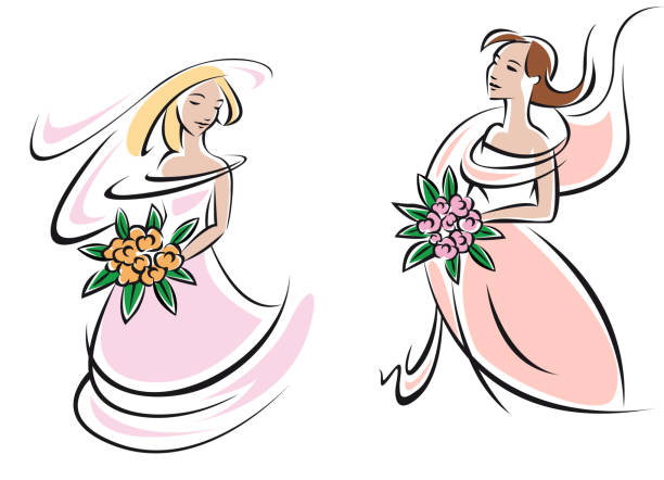 Brides in pink wedding gowns with flowers Happy young brides girls in elegant pink wedding gowns with bridal bouquets in hands in outline sketch style for wedding and marriage design silhouette of a prom dress sketches stock illustrations
