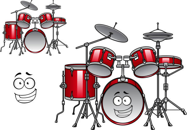 red drum kit comic-figur - cymbal drumstick music percussion instrument stock-grafiken, -clipart, -cartoons und -symbole