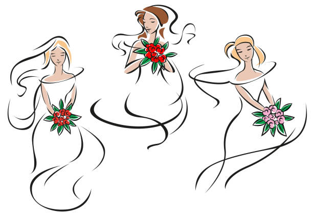 Brides or bridesmaids in classic wedding outfits Gorgeous brides or bridesmaids in classic wedding outfits with bouquets of bright flowers for wedding and marriage ceremony design, outline style silhouette of a prom dress sketches stock illustrations