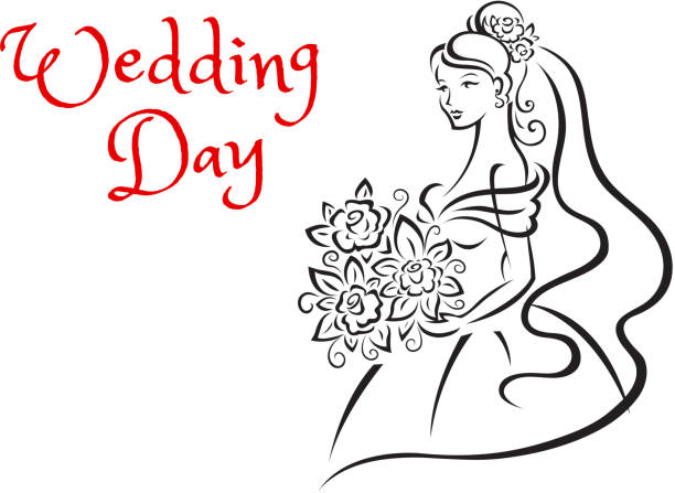 Wedding day card template with young bride Wedding day greeting card template depicting silhouette of graceful young bride with roses in her hands and hair, outline sketch silhouette of a prom dress sketches stock illustrations