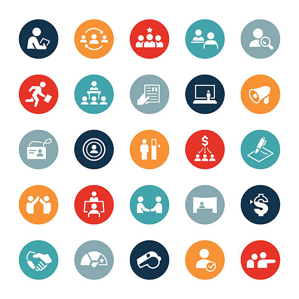 Human Resources Icons Icons related to the human resources and recruitment sectors of business. The icons show several business situations where human resources tasks are being performed. Some of these include recruiting, testing, training, assessing, searching for candidates, skills testing, interviewing and more. interview event icons stock illustrations