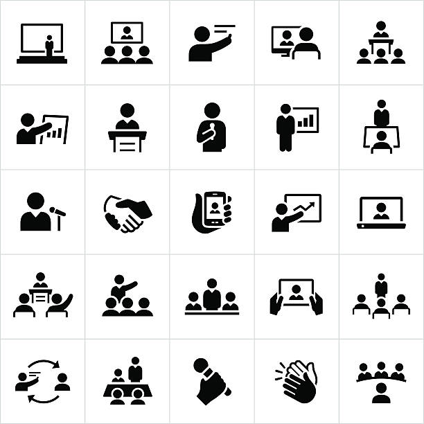 Business Presentations and Meetings Icons Icons symbolizing business presentations and meetings. The icons show several different situations where a presenter or instructor is giving a presentation or leading a discussion. The icons include presenters, instructors, teachers and leaders along with business teams, students and other groups of people listening and learning. classroom icons stock illustrations