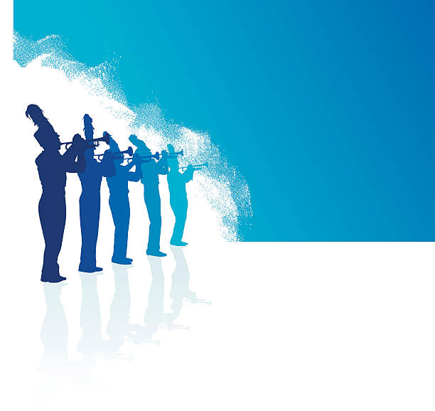 Marching Band Trumpet Line Blue Background Marching Band Trumpet Line Blue Background. Tight graphic silhouette illustration of the trumpet line in a Marching Band. Scale to any size. Check out my "Marching Band Vector" light box for more. pics of a marching band stock illustrations