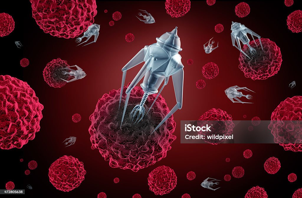 Nanotechnology Medicine Nanotechnology medicine concept as a group of microscopic nano robots or nanobots programed to kill cancer cells or  human disease as a futuristic health care cure symbol. Nanobot Stock Photo