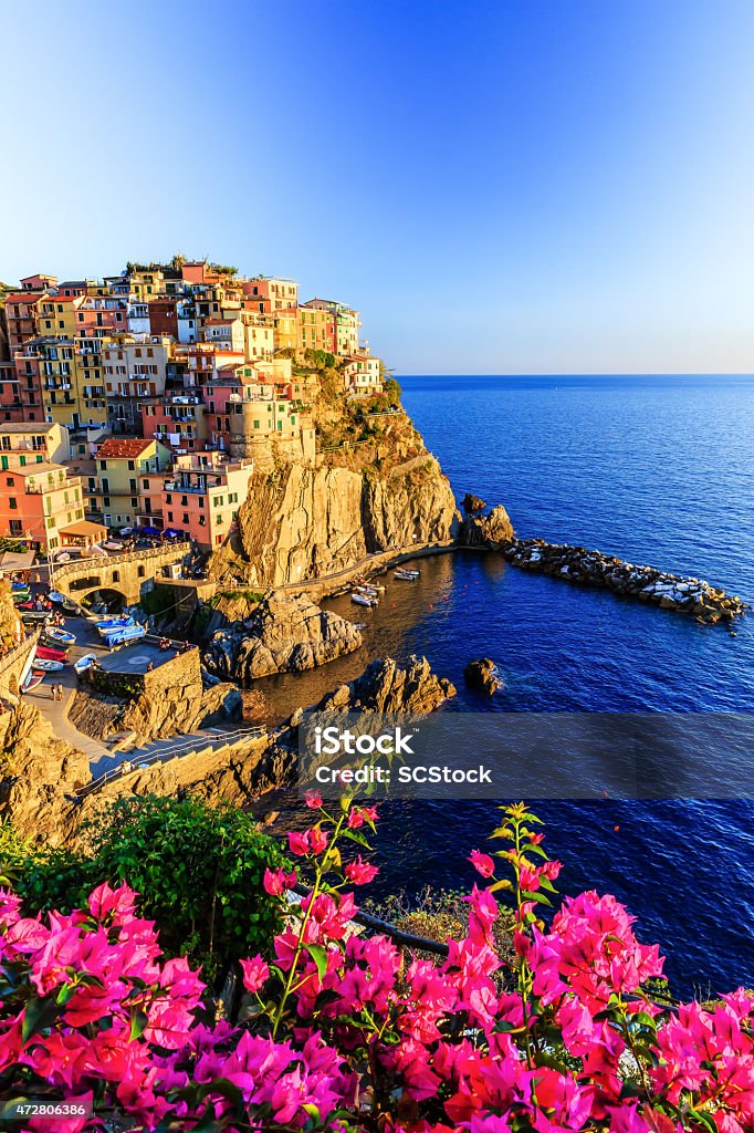 Cinque Terre, Italy. Manarola village at sunset. Cinque Terre National Park, Liguria Italy. Number 5 Stock Photo