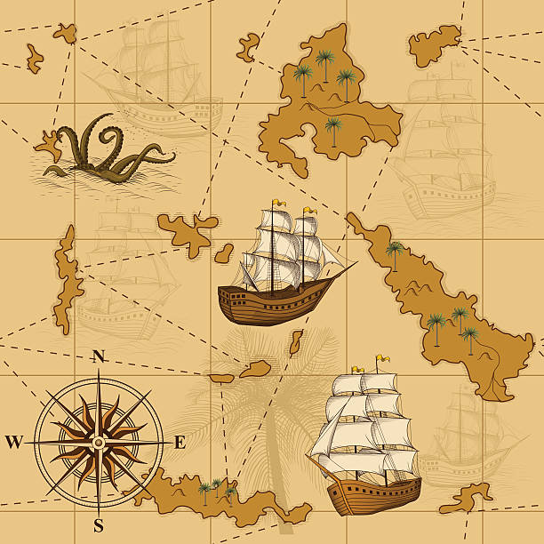 ilustraciones, imágenes clip art, dibujos animados e iconos de stock de seamless antiguo mapa con brújula y barcos - nautical vessel compass map retro revival