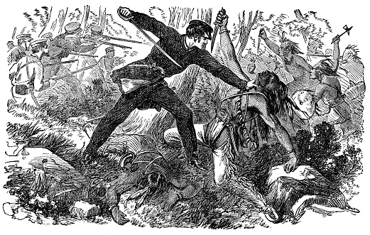 An engraved illustration image of  USA military fighting the native American Red Indians in the America Wild West from a vintage Victorian book dated 1880 that is no longer in copyright