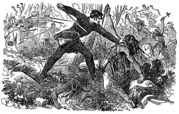 Fighting the native American Red Indians An engraved illustration image of USA military fighting the native American Red Indians in the America Wild West from a vintage Victorian book dated 1880 that is no longer in copyright old indian stock illustrations