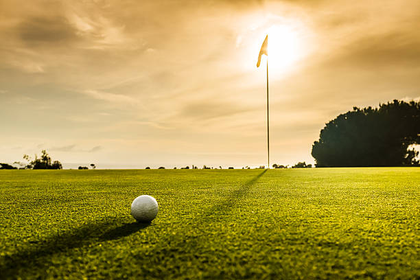 bandeira de golfe e bola no pôr-do-sol - golf golf flag sunset flag - fotografias e filmes do acervo
