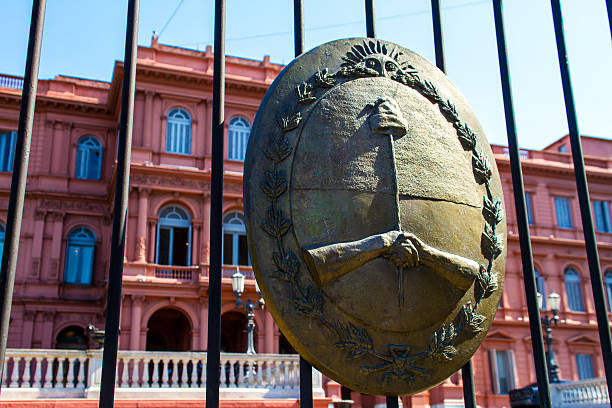 Argentinian Government House, the Â¨Pink HouseÂ¨, in Buenos Aires, with the national emblem in the forefront