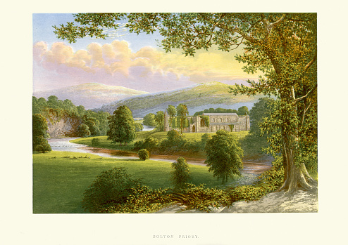 Vintage colour engraving of Bolton Abbey (also known as Bolton Priory). The monastery was originally founded at Embsay in 1120. Led by a prior, Bolton Abbey was technically a priory, despite its name. It was founded in 1154 by the Augustinian order, on the banks of the River Wharfe.