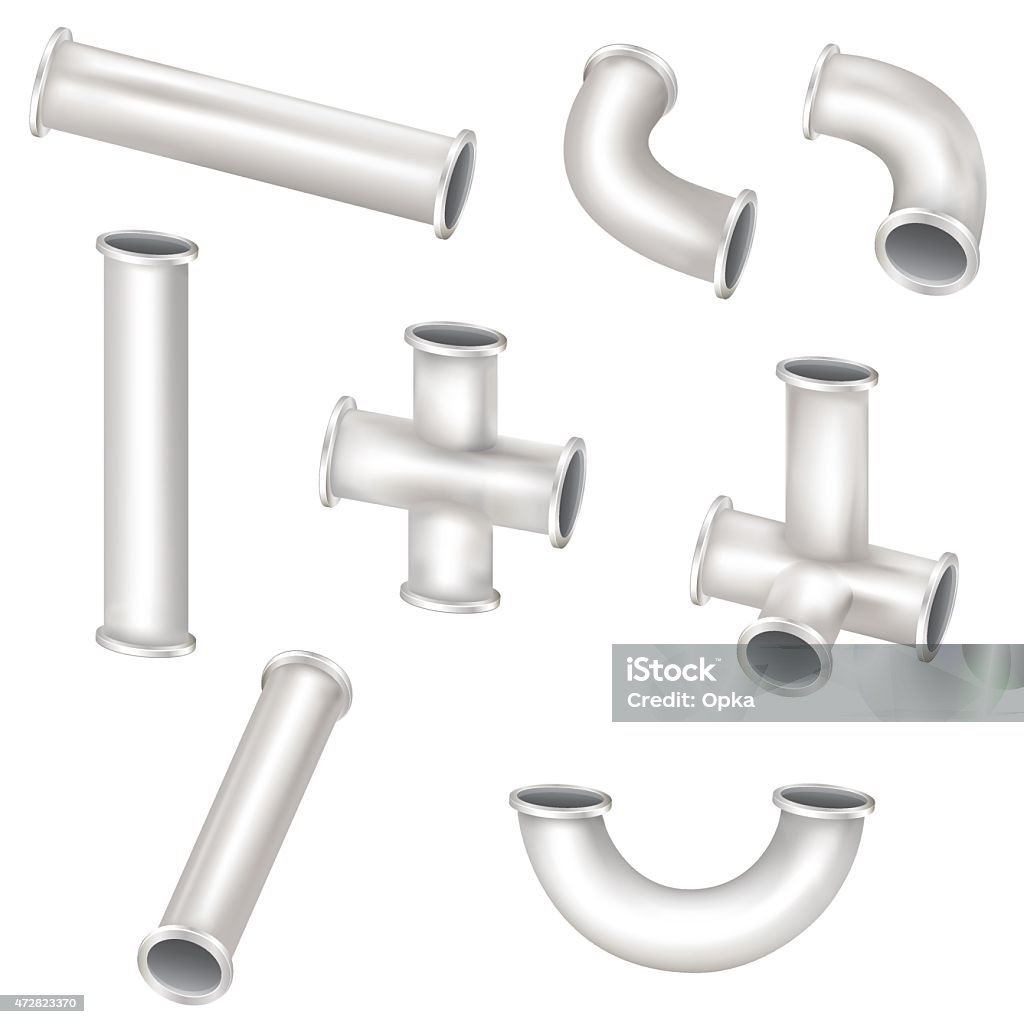 Metal plumbing pipes on a white background 3D metal pipes isolated on white background, vector EPS 10. Pipe - Tube stock vector