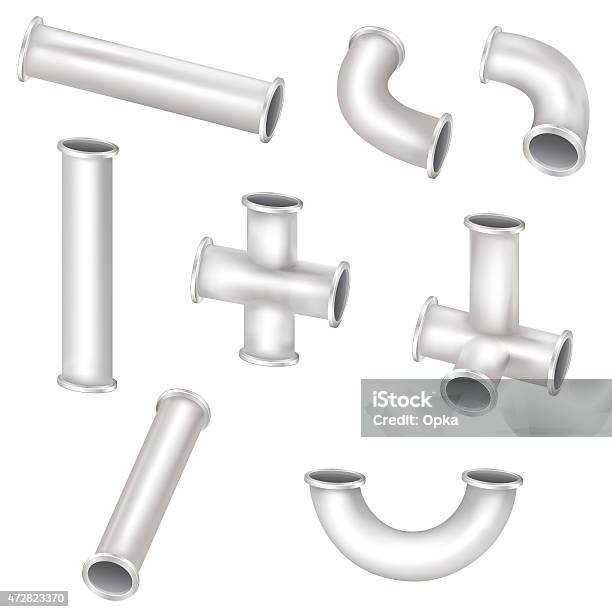 Metal Plumbing Pipes On A White Background Stock Illustration - Download Image Now - Pipe - Tube, Hole, Three Dimensional