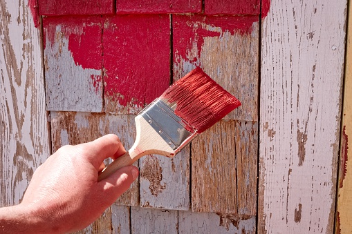 A Man's hand and brush painting red on old shingles.  Paint brush has red paint on it as the man reaches to apply it to the old, weathered shingles on a house or shed.  This is a close up showing just the hand and brush.  Fuji camera image.