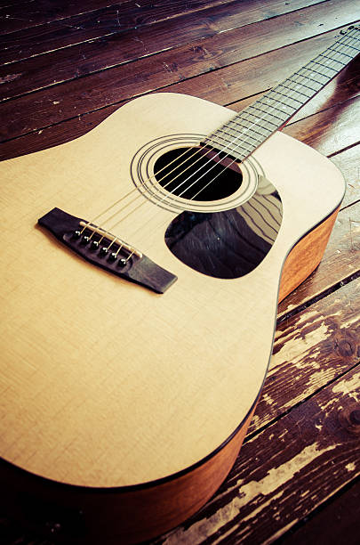 Acoustic Guitar on Wood Background