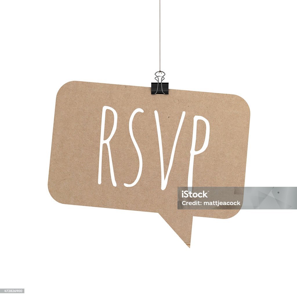 RSVP speech bubble hanging on a string A  3D representation of a speech bubble hanging on a plain white background. The speech bubble is hanging from a binder paper clip that is attached to a piece of string. The bubble has a cardboard texture. The background is pure white. written on the speech bubble in white text is RSVP RSVP Stock Photo