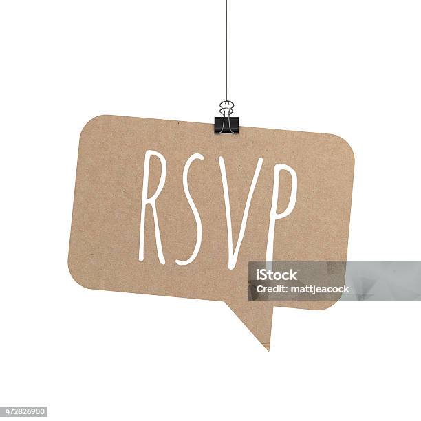 Rsvp Speech Bubble Hanging On A String Stock Photo - Download Image Now - RSVP, Invitation, 2015