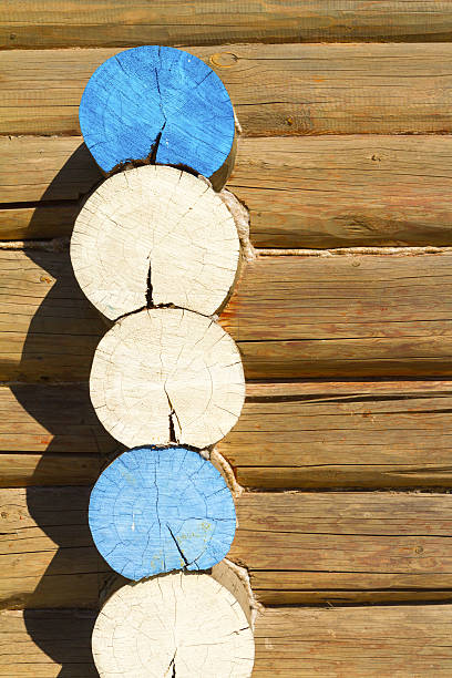 istock Wooden log cabin wall, background. 472827020