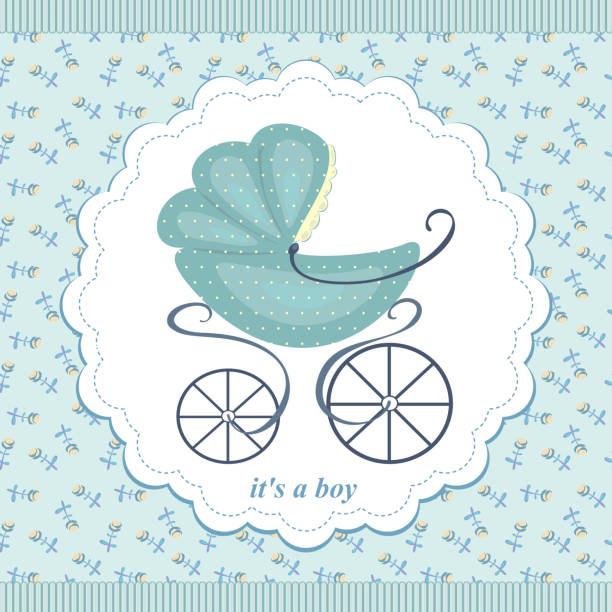istock Pram on an abstract background in child blue flowers. 472827242