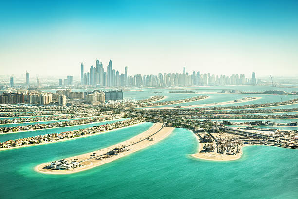 The Palm Jumeirah, Dubai, UAE The Palm Jumeirah in Dubai, Dubai, United Arab Emirates dubai island stock pictures, royalty-free photos & images