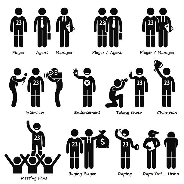 Sportsman Sport Player Management Stick Figure Pictogram Icons A set of stickman pictogram representing the sportsman management people that include the player, agent, manager, interviewer, ambassador, media, paparazzi, fans, and drug doping issue. interview event silhouettes stock illustrations