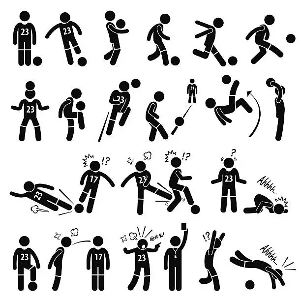 Vector illustration of Football Soccer Player Footballer Actions Poses Stick Figure Pictogram Icons