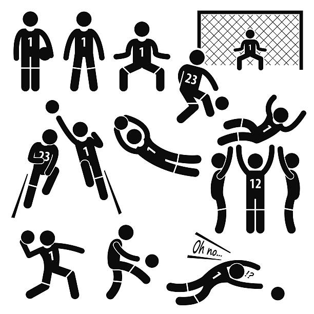 Goalkeeper Actions Football Soccer Stick Figure Pictogram Icons A set of stickman pictogram representing the actions, skills, and postures of a soccer football goalkeeper in the field. blocking sports activity stock illustrations