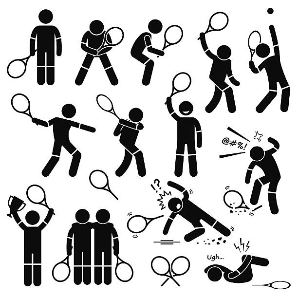 테니스 선수 조치관련 야기되는 자세 스틱피겨 그림 문자 아이콘  - tennis serving silhouette racket stock illustrations