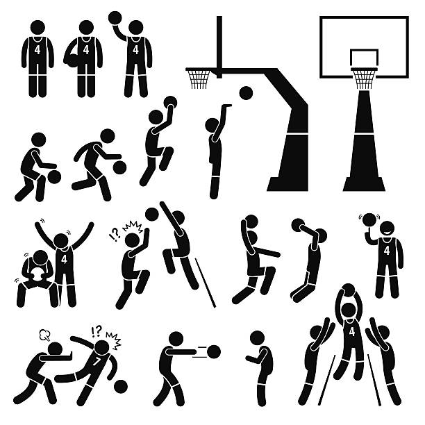 баскетболист действий представляет контурное изображение пиктограммы значки - skill side view jumping mid air stock illustrations