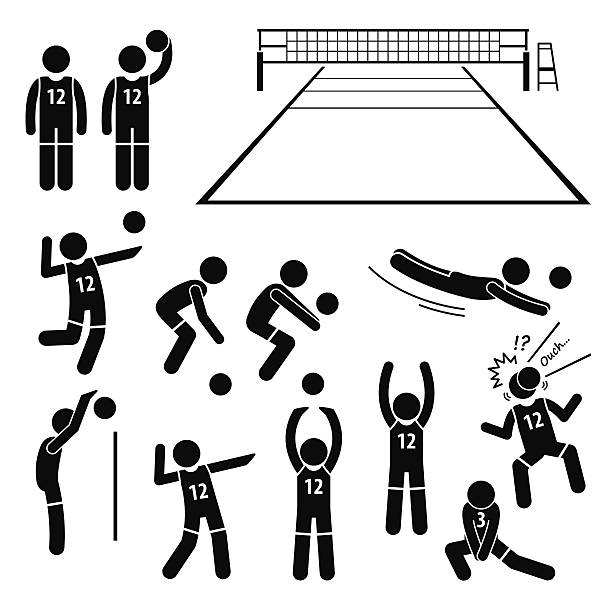 ilustraciones, imágenes clip art, dibujos animados e iconos de stock de jugador de vóleibol acciones plantea postures stick figura pictograma iconos - head shoot