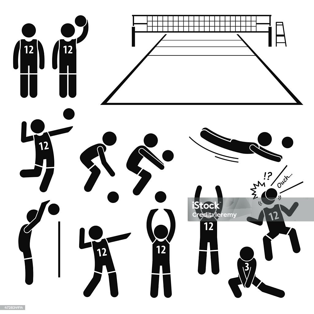 Volleyball Player Actions Poses Postures Stick Figure Pictogram Icons A set of stickman pictogram representing volleyball players actions, postures, and skills. There set also include the volleyball court and net itself. Hitting stock vector