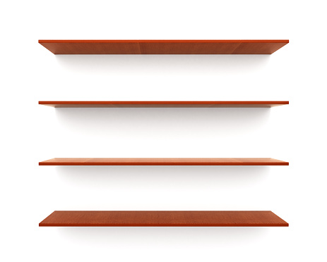 A collection of four wooden shelves on a white background that separates the objects. for a product display montage.