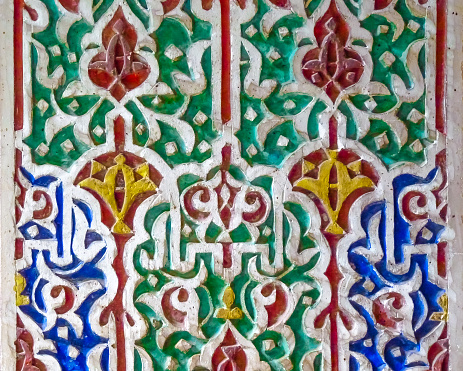 Decorative alabaster wall carvings in a riad in Fes, Morocco