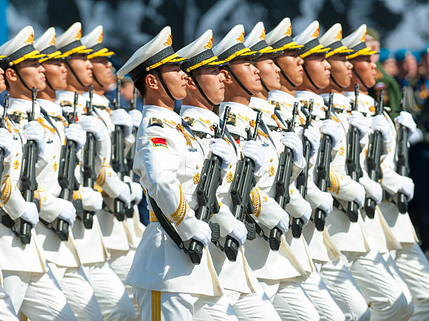 Moscow, Russia - May 7, 2015: Military participate at last rehearsal of the parade dedicated to the 70th anniversary of the victory in the Second World War in Red Square