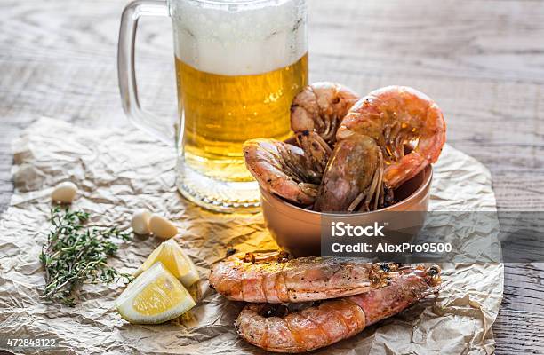 Fried Shrimps With Glass Of Beer Stock Photo - Download Image Now - 2015, Acid, Appetizer