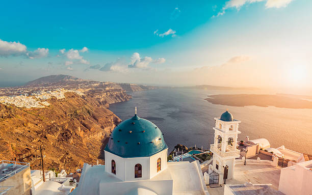 istock High angle view of Santorini blue dome churches, Greece 472848556