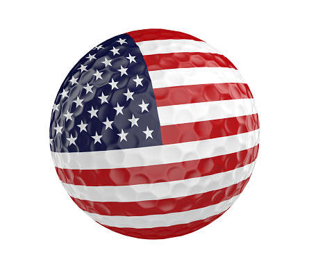 Sports image of a realistic 3D golf ball painted with the American flag and isolated over a white background.