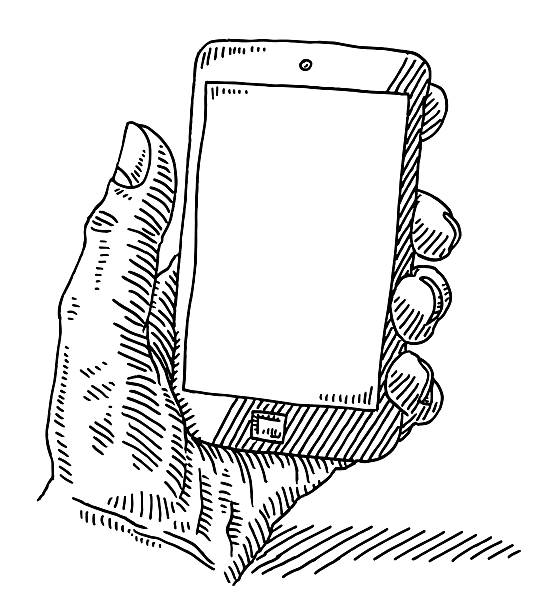 hand holding smartphone blank screen ziehen - frame human hand sketching doodle stock-grafiken, -clipart, -cartoons und -symbole