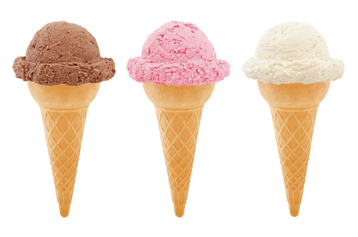 Neapolitan Ice Cream Cones collection - chocolate, strawberry and vanilla isolated on white