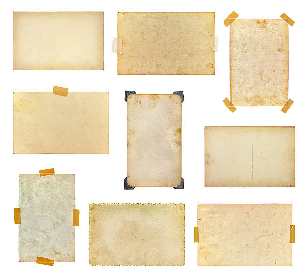 Set of vintage photos taped to a white background Set of vintage photos on a white background angle photos stock pictures, royalty-free photos & images