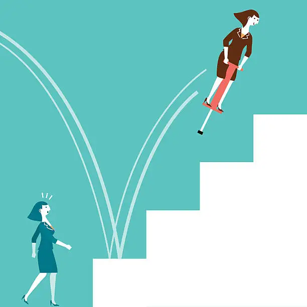 Vector illustration of Cartoon of a businesswoman on a pogo stick jumping up stairs