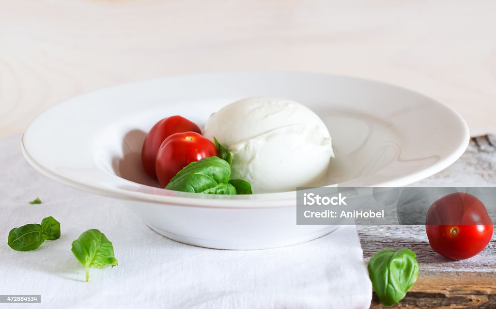 Mozzarella on white plate wit tomato and basil 2015 Stock Photo