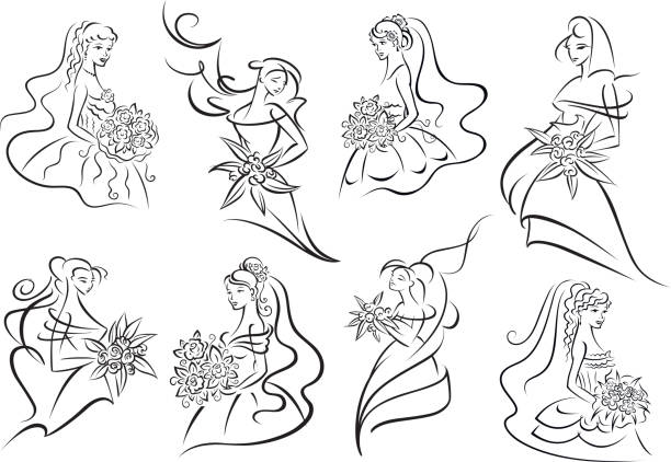Brides and bridesmaids in wedding outfits Brides and bridesmaids in various positions wearing elegant wedding outfits with bouquets of flowers in hands, may be use in invitation or bridal shop design. Outline style silhouette of a prom dress sketches stock illustrations