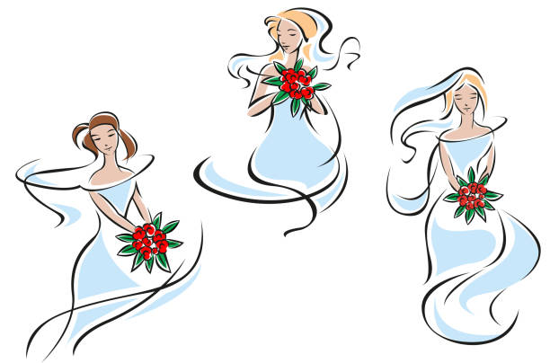 Beautiful brides in outline flowing lines Romantic beautiful brides in outline flowing lines showing pretty girls in blue delicate wedding dresses with bouquets of red flowers for wedding ceremony or bridal shower invitation design silhouette of a prom dress sketches stock illustrations