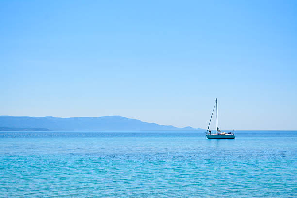 istock white boat alone in the sea 472894484