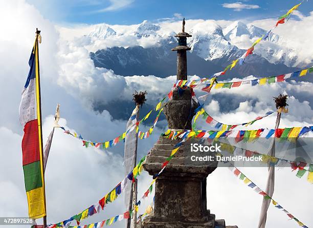 Ganesh Himal With Stupa And Prayer Flags Stock Photo - Download Image Now - 2015, Asia, At The Edge Of