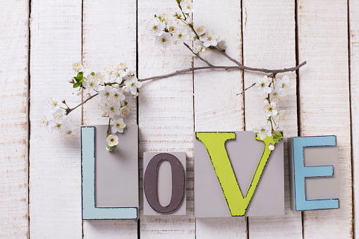 Word love and flowering branch on white painted wooden  background.