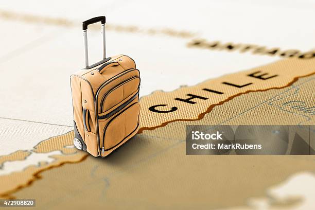 Destination Chile Orange Suitcase On The Map Stock Photo - Download Image Now - 2015, Bag, Cartography